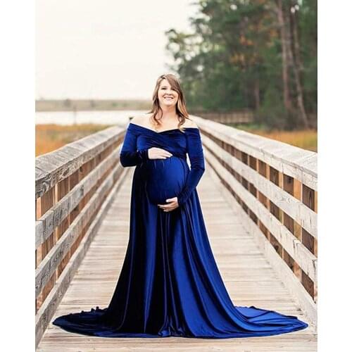 Maternity Dresses for Baby Showers Long Sleeve Pregnant Women Velvet Maxi Gown Dress Sexy V Neck Pregnancy Dress for Photo Shoot