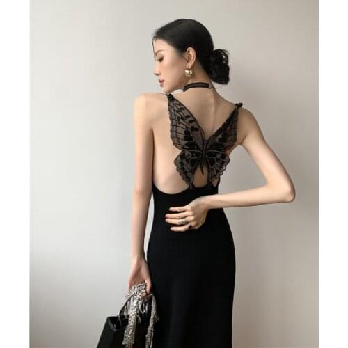 Embroidered Hollow Backless Butterfly Elegant Sexy Dress Women 2021 Summer Spaghetti Strap Black Bodycon Knitted Party Dress