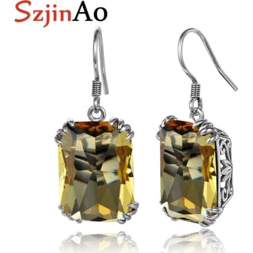 SzjinAo Oxidized Earrings For Women Yellow Topaz Black Process Silver Earrings Real 925 Sterling Silver Cute Fine Jewelry Gift