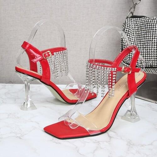 SHUZUMIAO Women Pumps Summer High Heels Sandals Sexy Black Fetish Strap Red Stripper Pumps Female String Bead Scarpins Valentine