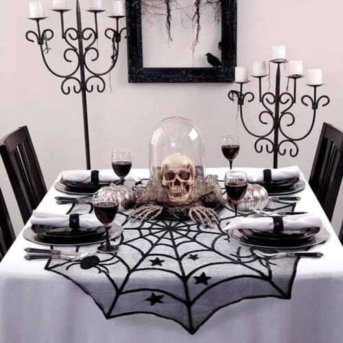 Halloween Decoration Lace Spider Web Skeleton Skull Tablecloth Black Fireplace Mantel Scarf Event Party Stage Decoration Supply