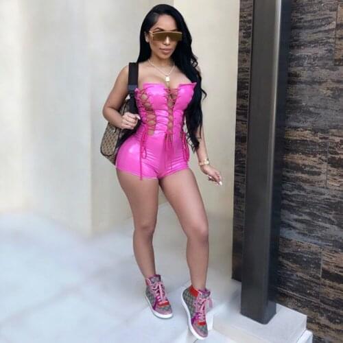 UVRCOS Club Outfits Rompers Womens Jumpsuit Sexy PU Hollow Out Lace Up Off Shoulder Breast Wrapping Nightclub Party Bar Bodysuit