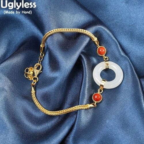 Uglyless New Popular Peace Buttons Bracelets for Women China Chic Natural Jade Jasper Bracelets Gold 925 Silver Jewelry Agate