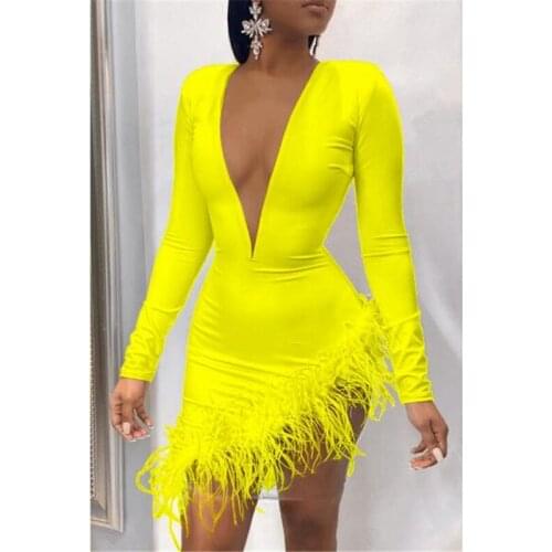 Sexy Sheer Mesh Feather Spliced Women Deep V Neck Long Sleeve Bandage Dress 2021 Autumn Winter High Waist Party Casual Dress