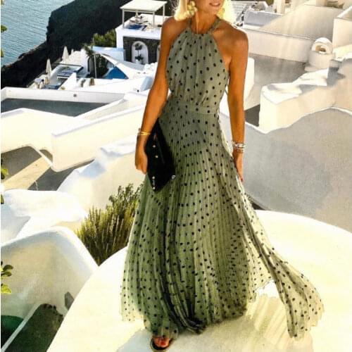 Fashion Sexy Halter Print Pleated Long Dress Women Sweet O Neck Beach Maxi Dress Summer Sleeveless Elegant Boho Party Dress XXL