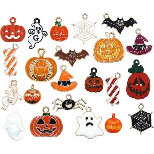 10pcs/lot Enamel Halloween Charms Candy Ghost Pumpkin Bat Spider Cat Hat Alloy Pendant For DIY Jewelry Making Findings Accessory
