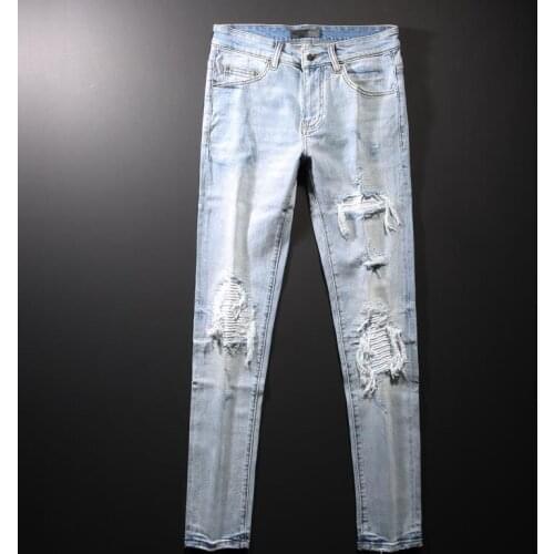 2021 Spring Light Jean Men Trend Hole Patch Pant Men Crystal Ripped Jean Fashion Skinny Denim Pants Hole Patch Tight Skinny Jean