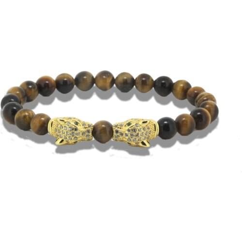 5pcs Natural 8mm yellow tiger eye round stone beads men bracelet charm pave rhinestones white cz double ox head men bracelet