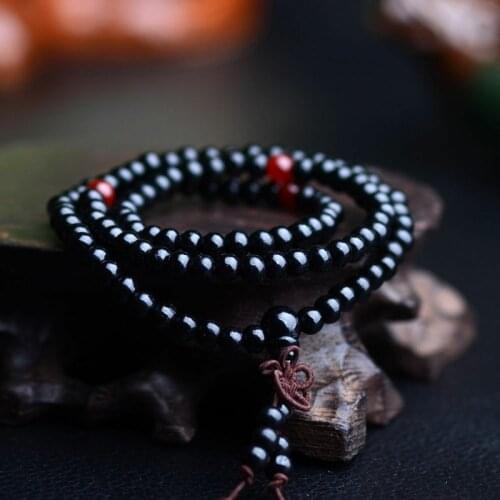 6mm Natural Sandalwood Buddhist Buddha Wood Prayer Beaded Knot Black Ebony Unisex Men Bracelets & Bangles for Women