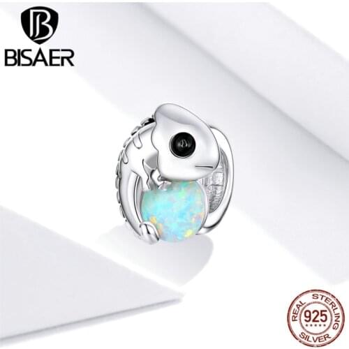 BISAER Chameleon Opal Charms 925 Sterling Silver Animal Beads Fit DIY Bracelet Necklace For Women Lovely Jewelry EFC254