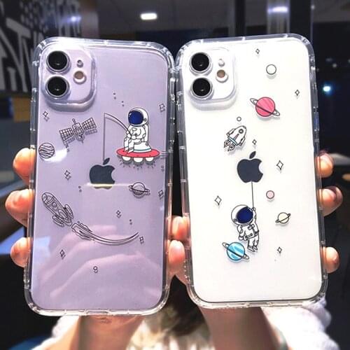 Cartoon Space Star Astronauts Phone Case For iPhone 11 12 Pro Max 12Mini X XS XR 7 8 Plus Transparent Shockproof Soft TPU Cover