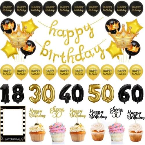 Black Gold Happy Birthday Foil Balloons Banner Cupcake Toppers Adult 18 30 40 50 60 Birthday Party Photo Booth Props Supplies