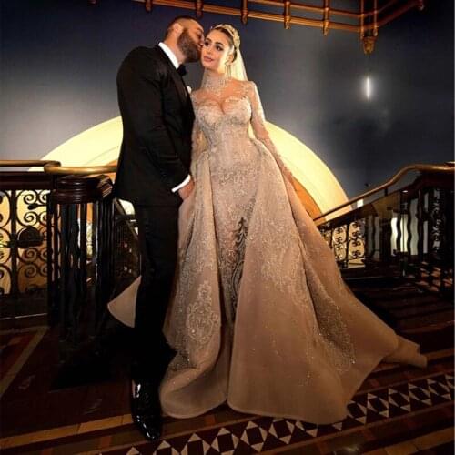 Hot 2021 Luxury Champagne Crystal Muslim Mermaid Wedding Dresses With Detachable Train Vintage Saudi Arabic Dudai Bridal Gown