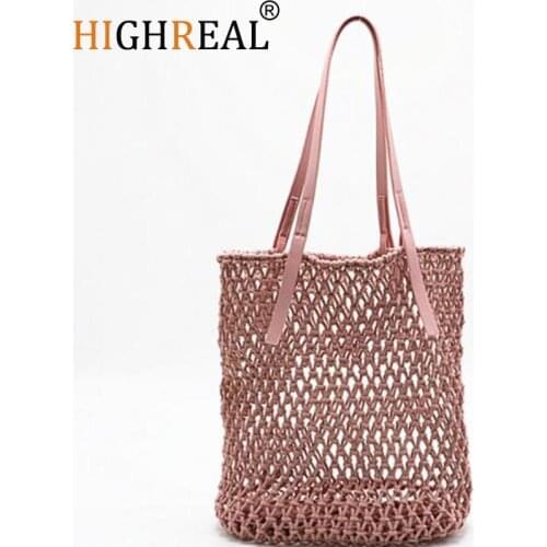 HIGHREAL Rattan Cotton Rope Hollow Straw Woven Beach Bag Without Lining Storage Bag Summer Bohemia Travel Shoulder Bag Dropship