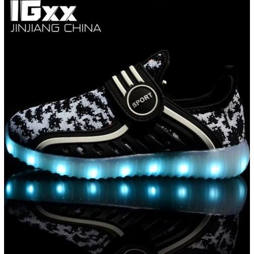 IGxx LED Light Up Shoes For Kids HooK&Loop Best Gift USB Charging Glowing Shoes LED Child Luminous Knit Sport LED Sneakers Boys