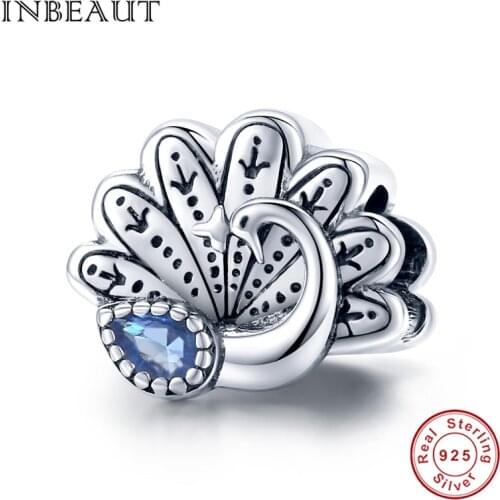 INBEAUT 100% 925 sterling silver luxury jewelry enamel charm peacock beads for silver bracelet or birthday gift woman DIY