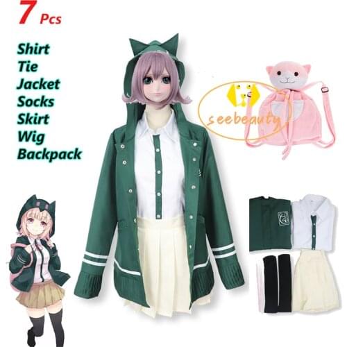 6PCS Sets Danganronpa Chiaki Nanami Cosplay Costume Dangan Ronpa Uniform Jacket Blouse/Shirt Skirt Cosplay Wig Tie Cat Backpack