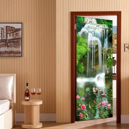 Chinese Style 3D Waterfalls Lotus Carp Photo Wall Door Sticker Murals Wallpaper Living Room Bedroom Study PVC Waterproof Murals