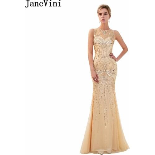 JaneVini Luxury Crystal Beaded Dubai Long Bridesmaid Dresses O Neck Sleeveless Gold Mermaid Tulle Prom Party Gowns Sweep Train