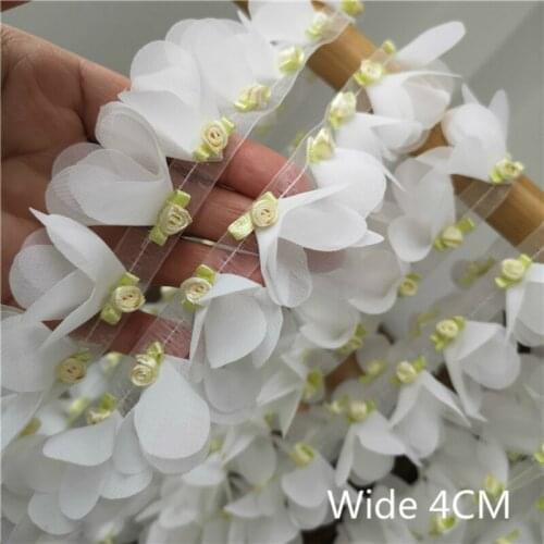 4CM Wide White 3D Embroidery Flowers Chiffon Lace Dress Collar Applique Fabric Organza Ruffle Trim Ribbon Guipure DIY Sewing