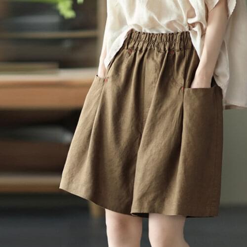 2021 Summer New Wide-leg Shorts Womens Elastic Waist Loose Loose Wild Literary Wide-leg Pants Solid Color Pants Women