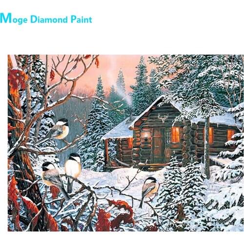 Snow Winter Wooden House Diamond Painting Round Full Drill Scenic Forest Bird Nouveaute DIY Mosaic Embroidery 5D Cross Stitch
