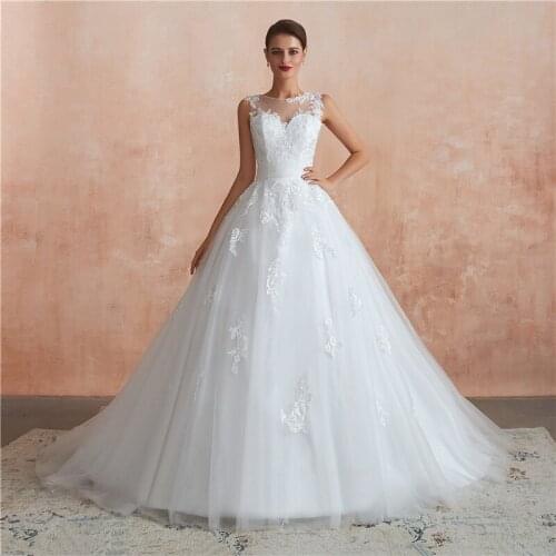 In Stock Tulle Boat Neck Appliques Abito da sposa Vestidos de novia Robe mariage Trouwjurk Plus size wedding dress 32366