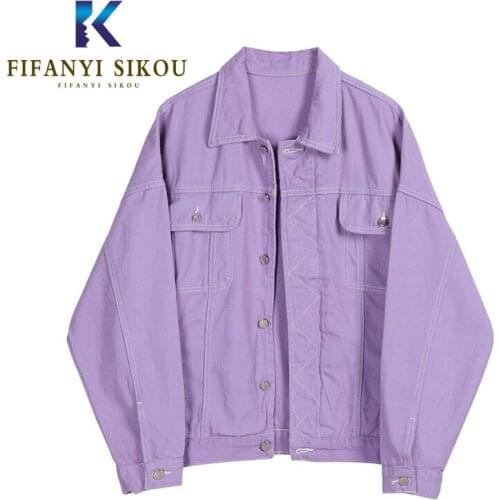 High quality Denim Jacket Women 2020 New Fashion Purple Jeans Jacket Pocket Loose Long sleeve Casual Jeans Coat Harajuku Jackets