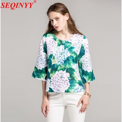 SEQINYY Jacquard Jacket Fashion Runway Womens Casual Hydrangea Flowers Print 2017 Autumn 3/4 Sleeve Petal Button Short Jacket
