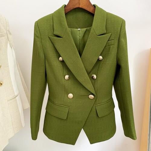 HIGH STREET Newest 2021 Classic Designer Blazer Womens Lion Buttons Double Breasted Slim Fit Textured Blazer Army Green