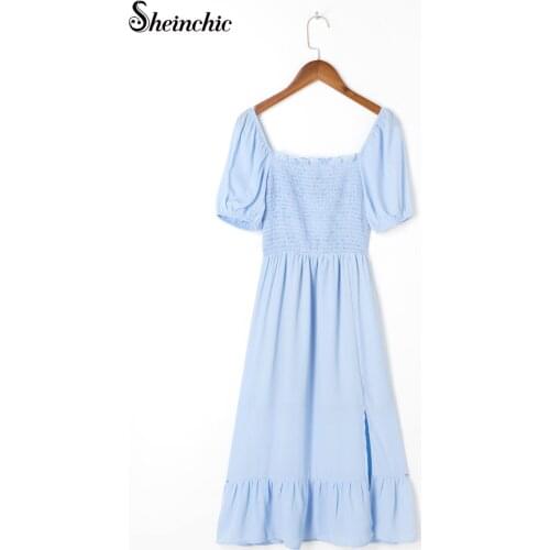 Blue Vestidos De Mujer Casual 2021 Women Summer Elegant Short Sleeve Pleated Midi Dresses for Women