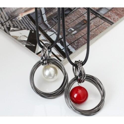 Red White Pearl Ball Pendant Long Necklaces New Circles Simulated Women Black Chain Maxi Necklace Fashion Jewelry Wholesale Gift