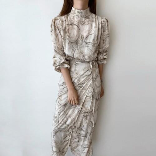 Obrix Casual Style Abstract Pattern Female Dress Stand Collar Full Sleeve Mid Calf Length Waist sashes Dress For Women