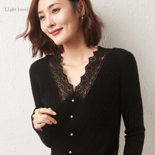 2021 Winter Sweater Women 100% Cashmere Fashion Lace V-neck Pullovers Long Sleeve Solid Loose Tops Soft Female Knitwear Jumper
