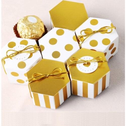 100pcs Mini Stripe/Spot Dots Golden Bronzing Color Wedding Valentines Day Chocolate Box Hexagon Candy Box Baking Package