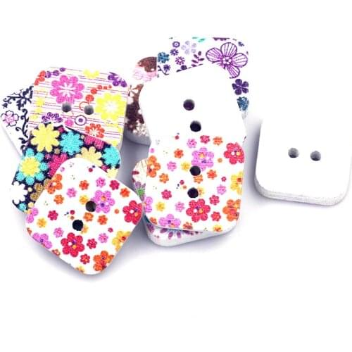 30PCS Mixed Flower Painting Square Wooden Sewing Buttons 2 Holes DIY Crafts Scrapbook Clothes Gift Decoration Knitting Supplies