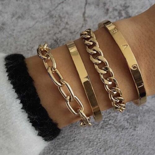 4pcs/set Punk Curb Cuban Chain Bracelets Set for Women Miami Boho Thick Gold Color Charm Bracelets Bangles Fashion Jewelry