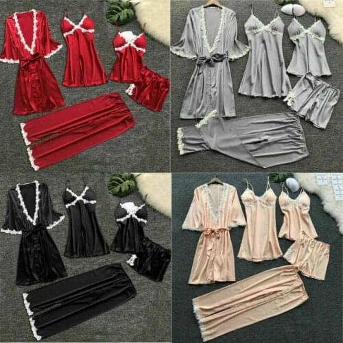 5pcs Womens Lingerie Lace Silk Babydoll Robe Nightwear Bathrobe Gown Pajamas Set