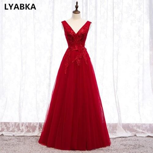 Burgundy Evening Dresses Long Dress V-Neck Fromal Dress A-Line Evening Dress Elegant Robe De Soiree Lace Up Evening Dresses 2020