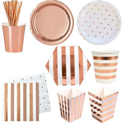 Chicinlife Rose Gold Disposable Tableware Popcorn box Plates Cup Wedding Party Decoration Drink Straws Birthday Party Supplies