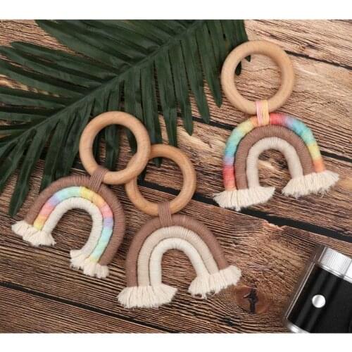 Baby Teething Ring Rainbow Tassel Macrame Wooden Boho Baby Teether Stroller Gift Decoration Toys Shower Gift