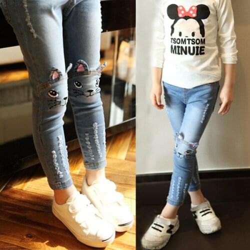 2018 autumn and spring lovely fashion female single child jeans skinny pants child all-match cat child trousers