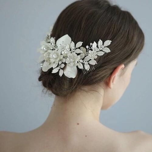 Fashion Floral Wedding Crown Silver Color Leaf Bridal Hair Comb Rhinestone Accessories Handmade Women Headpiece