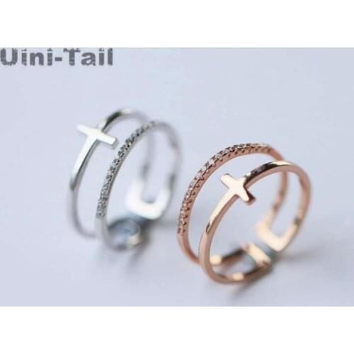 Uini-Tail hot new925 sterling silver double cross opening ring female tide person adjustable size does not fade multi-layer ring