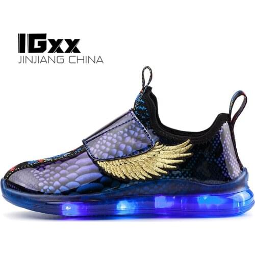 IGxx High Top Big Wing LED Light Up Shoes For Kids HooK&Loop USB Charging Glowing Shoes LED Child Luminous LED Sneakers Boys