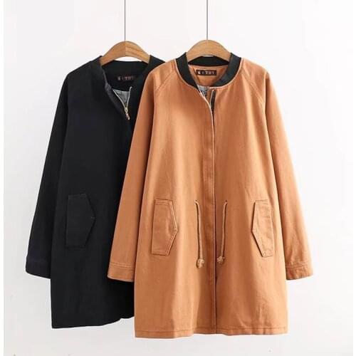Large Size Womens Fat MM Autumn New Waist Rope Round Neck Jacket Solid Color Cotton Loose Thin Washed Windbreaker Coat AA97