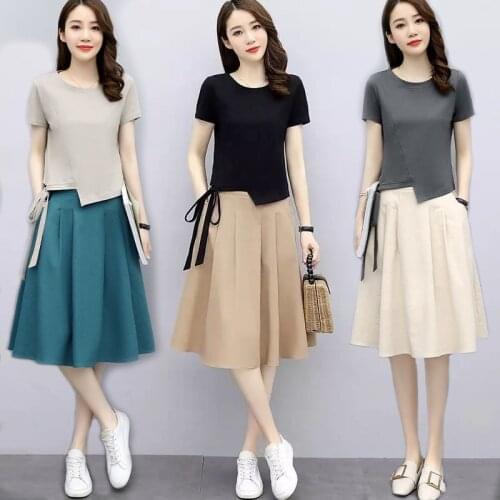 Trend Two-piece Set Women Dresses Asymmetric Tops Shirt Female Boho Dress Girl Short Sleeve A Line Mini Dress OL Casual Party