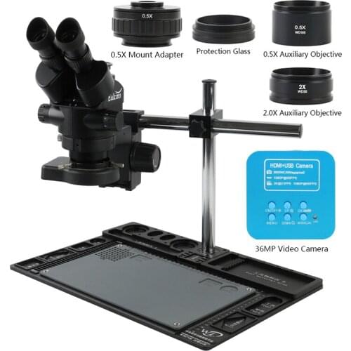 3.5X-90X Continuous Zoom Simul-focal Trinocular Stereo Microscope 36MP 1080P HDMI USB Video Camera 0.5X CTV Adapter Workbench