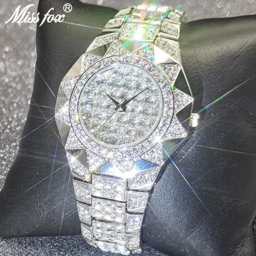 MISSFOX Sunflower Wrist Watch Men Fashion Bling Bling Platinum Full Diamond Dial Male Watch Dress Party Quartz Jewelry Watches