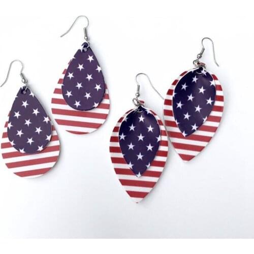 2019 New Patriotic 2 layers Leather Teardrop Earrings Fourth of July Earrings Red White Blue Earrings Americana Flag Earrings